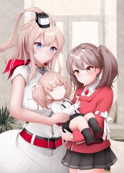 Rule 34 | 3girls, aged down, atlanta (kancolle), baby, black skirt, blue eyes, blush, brown eyes, brown hair, closed mouth, collared shirt, commentary request, dress, hair between eyes, highres, if they mated, ips cells, japanese clothes, kantai collection, kariginu, kirigakure (kirigakure tantei jimusho), long hair, long sleeves, magatama, multiple girls, pleated skirt, ryuujou (kancolle), saratoga (kancolle), shirt, short sleeves, side ponytail, skirt, smile, twintails, white dress, white shirt