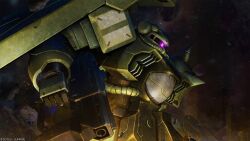 absurdres asteroid beam_rifle cable copyright_logo energy_gun glowing glowing_eye gundam gundam_battle_operation_2 highres machinery mecha mecha_focus mobile_suit moon_gundam no_humans official_art one-eyed painting_(medium) realistic robot scan science_fiction shield shoulder_spikes space spikes star_(sky) sunrise_(company) tenjin_hidetaka traditional_media weapon zaku_iv zero_gravity