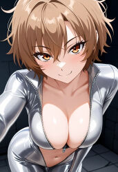 1girl bad_tag blush breasts cleavage collarbone highres leaning navel non-web_source original selfie smile solo