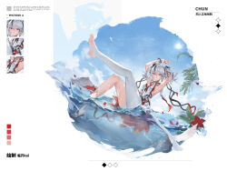 1girl :q absurdres armpits asymmetrical_legwear bird black_hair blue_eyes breasts camellya_(wuthering_waves) character_name day english_text hair_between_eyes hair_ribbon highres jewelry leggings linkai looking_at_viewer mismatched_legwear multicolored_hair outdoors red_pupils red_ribbon ribbon ring shoes single_shoe small_breasts soles solo sun toes tongue tongue_out twintails two-tone_hair water white_hair white_leggings wuthering_waves