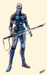 1boy armor cyborg faceplate full_body gray_fox helmet highres holding holding_sword holding_weapon looking_at_viewer male_focus metal_gear_(series) metal_gear_solid ninja official_art portrait power_suit shinkawa_youji signature simple_background solo sword weapon white_background