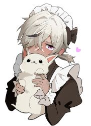 1boy absurdres alternate_costume animal apron arlan_(honkai:_star_rail) black_bow black_dress black_hair blush bow cross_scar crossdressing dark-skinned_male dark_skin dress gradient_background hair_over_one_eye highres holding holding_animal honkai:_star_rail honkai_(series) long_sleeves looking_at_viewer maid maid_headdress male_focus multicolored_hair pink_eyes ponytail scar scar_on_face simple_background streaked_hair trap upper_body white_apron white_background yunoru