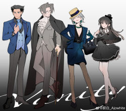2boys 2girls absurdres ace_attorney ajowhite alternate_costume artist_name ascot bag belt black_background black_belt black_capelet black_coat black_dress black_hair black_shirt black_shoes blue_eyes blue_gloves blue_jacket blue_necktie blue_skirt boater_hat breasts brown_shoes cane capelet check_source cleavage closed_mouth coat coat_on_shoulders curtained_hair dress dress_shoes earrings formal_clothes franziska_von_karma full_body glasses gloves gradient_background grey_eyes grey_hair grey_jacket grey_pants grin hair_bun hair_slicked_back hand_on_cane hand_on_own_hip high_heels highres jacket jewelry lapels leg_up lipstick long_hair long_sleeves looking_at_another looking_at_viewer makeup maya_fey medium_breasts miles_edgeworth mole mole_under_eye multiple_boys multiple_girls necklace necktie notched_lapels open_clothes open_jacket pants pantyhose pearl_necklace pencil_skirt phoenix_wright pumps red_lips shirt shoes short_dress short_hair sidelocks skirt smile source_request standing standing_on_one_leg suit_jacket torn_clothes torn_pantyhose watch watermark weibo_watermark white_ascot white_background wristwatch