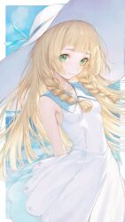 1girl absurdres blonde_hair braid breasts closed_mouth collared_dress commentary creatures_(company) day dress floating_hair game_freak green_eyes hat hat_ribbon highres lillie_(pokemon) long_hair nintendo outdoors pokemon pokemon_sm renoahh ribbon sky sleeveless sleeveless_dress smile solo sun_hat twin_braids white_dress white_hat