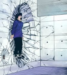 1boy akira_(manga) black_headwear blank_eyes crack cracked_wall debris hat highres jamiroquai male_focus momojirou open_mouth parody shoes sneakers track_suit translation_request