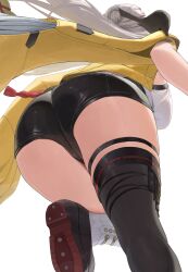 1girl ano_(gccx8784) ass black_shorts black_thighhighs breasts commentary_request from_behind from_below grey_hair high-waist_shorts highres jacket large_breasts long_hair paid_reward_available short_shorts shorts single_thighhigh sleeveless sleeveless_jacket solo thighhighs white_background yellow_jacket yixuan_(zenless_zone_zero) zenless_zone_zero
