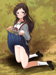 1girl black_hair black_skirt blush breasts brown_eyes bush buttons closed_mouth collar dot_nose eyelashes full_body grey_serafuku hair_over_shoulder highres idolmaster idolmaster_million_live! idolmaster_million_live!_theater_days junior_high_schoolmate_(idolmaster) kitazawa_shiho kneeling lifting_own_clothes loafers long_hair long_sleeves looking_at_viewer medium_breasts neck_ribbon on_grass panties pleated_skirt pocket red_ribbon ribbon school_uniform serafuku shoes sidelocks skirt socks solo straight_hair underwear v-shaped_eyebrows white_collar white_panties white_socks yo_hae_you