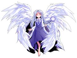 1girl alphes_(style) angel angel_wings barefoot blue_hair blush breasts closed_mouth collarbone collared_shirt commentary_request dairi dress feathered_wings frown full_body genderswap genderswap_(otf) hair_intakes highres holding holding_scepter left-handed long_hair long_sleeves looking_at_viewer multiple_wings parody parted_bangs purple_dress red_eyes sariel_(touhou) scepter seraph shirt smile solo style_parody tachi-e tearing_up touhou touhou_(pc-98) transparent_background very_long_hair white_wings wide_sleeves wings
