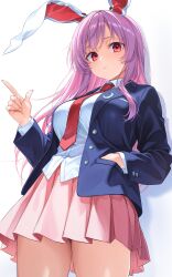1girl absurdres animal_ears blush breasts finger_gun hand_in_pocket highres jacket long_hair long_sleeves looking_at_viewer nameko_houshi necktie open_clothes open_jacket pink_skirt purple_hair rabbit_ears red_eyes red_necktie reisen_udongein_inaba shirt skirt smile solo touhou very_long_hair