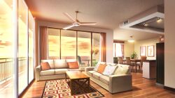 apartment balcony bistro_table ceiling_fan cloud cloudy_sky couch curtains dining_room glowing hanging_plant highres indoors no_humans non-web_source official_art orange_clouds orange_light our_life:_beginnings_and_always pillow plant potted_plant railing refrigerator rug sky sunset table window_light wooden_chair wooden_table