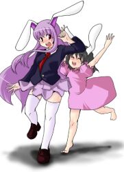 2girls animal_ears barefoot black_hair black_jacket blazer blush brown_shoes closed_eyes collared_shirt commentary_request dress full_body inaba_tewi jacket loafers long_hair long_sleeves looking_at_another looking_to_the_side mori_shin_risuku multiple_girls necktie open_mouth pink_dress pink_skirt pleated_skirt puffy_short_sleeves puffy_sleeves purple_hair rabbit_ears rabbit_girl red_eyes red_necktie reisen_udongein_inaba shirt shoes short_hair short_sleeves simple_background skirt smile thighhighs touhou very_long_hair white_background white_shirt white_thighhighs