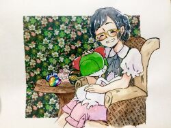 2girls black_hair blush bowl_cut chair closed_eyes colored_skin floral_background gen_3_pokemon glasses green_hair horns luxury_ball multiple_girls nintendo on_chair painting_(medium) pants pink_pants poke_ball pokemon pokemon_(creature) ralts smile sssiwako table traditional_media watercolor_(medium) white_skin