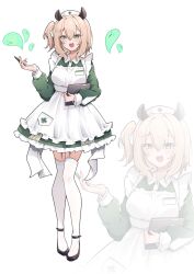 1girl :d absurdres airenif animal_ears apron black_shoes brown_hair clipboard contrast_collar dress full_body garter_straps green_dress green_eyes hair_between_eyes hat highres holding holding_clipboard holding_pen indie_virtual_youtuber long_sleeves looking_at_viewer name_tag naplings_(nimi_nightmare) nimi_nightmare nurse nurse_cap one_side_up open_mouth pen shoes short_hair simple_background smile strappy_heels tapir_ears tapir_girl teeth thighhighs upper_teeth_only virtual_youtuber white_apron white_background white_thighhighs zoom_layer