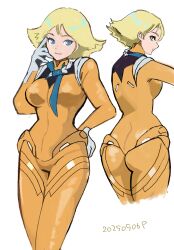1girl ass blonde_hair blue_eyes breasts closed_mouth commentary cropped_legs dated english_commentary gundam gundam_gquuuuuux highres looking_at_viewer mecha_pilot_suit medium_breasts military mobile_suit_gundam normal_suit_(gundam) okrdisk2000 sayla_mass science_fiction short_hair smile solo white_background