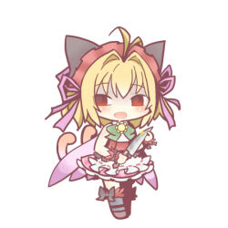 1girl ahoge apron bare_shoulders black_boots boots dress emil_chronicle_online empty_eyes false_smile frilled_apron frilled_dress frilled_hairband frills hair_ornament hair_ribbon hairband holding holding_knife homurabi kitchen_knife knife purple_ribbon red_dress red_hairband ribbon smile tentacle_alma white_background