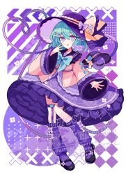 Rule 34 | 1girl, :o, black shoes, blush, bow, bowtie, collared shirt, commentary, frilled shirt collar, frilled skirt, frills, full body, green bow, green bowtie, green hair, hair between eyes, hat, hat ribbon, heart, heart of string, highres, komeiji koishi, long sleeves, looking at viewer, purple eyes, purple hat, purple skirt, purple socks, ribbon, shirocha tei, shirt, shoes, short hair, skirt, socks, solo, standing, third eye, touhou, watermark, wide sleeves, yellow ribbon, yellow shirt