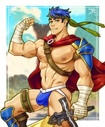 1boy absurdres armor artist_collaboration artist_name bara bare_pectorals biceps blue_eyes blue_hair blurry blurry_background bulge cape commentary english_commentary fire_emblem fire_emblem:_radiant_dawn flexing gasaiv green_headband headband highres holding holding_sword holding_weapon ike_(fire_emblem) jockstrap large_pectorals looking_at_viewer male_focus male_underwear muscular muscular_male navel nintendo nipples paid_reward_available pancakepornography pauldrons pectorals ragnell red_cape short_hair shoulder_armor single_pauldron solo sword underwear weapon