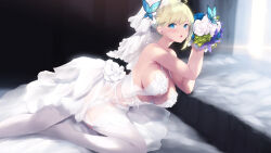 1girl :o alternate_costume backless_dress backless_outfit bare_shoulders blonde_hair blue_eyes blue_flower blush boku_wa_tomodachi_ga_sukunai bouquet breasts butterfly_hair_ornament cait_aron covered_navel dress flower hair_ornament hands_up highres holding holding_bouquet kashiwazaki_sena large_breasts no_bra purple_flower short_hair sideboob sideless_dress solo staring veil wedding_dress white_dress white_flower