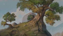 autumn bush cliff cloud crescent grass highres hill landscape leaf nature original painterly plant_roots refiend rock scenery sky tree wind