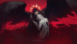 2boys black_cloak black_hair black_wings blood blood_drip blood_on_clothes cloak closed_eyes coat comforting double_halo fur_trim gloves gold_halo gopher_wood hair_slicked_back halo halo_behind_head hands_on_another&#039;s_face hashtag-only_commentary head_down highres holding_another&#039;s_arm honkai:_star_rail honkai_(series) looking_down male_focus medium_hair multiple_boys pogogu pool_of_blood red_background spiked_halo sunday_(honkai:_star_rail) swirl twitter_username white_coat white_gloves white_hair wings