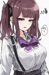 1girl absurdres black_ribbon breasts brown_hair buttons disgust hair_ribbon highres jacket large_breasts long_bangs long_sleeves natsuki_karin purple_eyes ribbon side_ponytail solo speech_bubble squiggle suspenders synthesizer_v translation_request upper_body uranosebi white_jacket