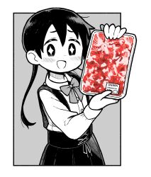 +_+ 1girl :d bow bowtie buttons collared_shirt commentary_request cross-laced_clothes cross-laced_skirt food food_packaging hands_up highres holding long_hair long_sleeves looking_at_viewer meat monochrome open_mouth original outside_border pleated_skirt raw_meat shirt skirt smile solo spot_color suspender_skirt suspenders takurada