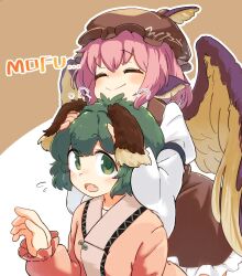 2girls :o animal_ear_piercing animal_ears bird_ears bird_wings blush brown_dress brown_hat closed_eyes closed_mouth commentary_request dog_ears dress fang green_eyes green_hair hands_on_another&#039;s_head hat kasodani_kyouko long_sleeves mob_cap multiple_girls mystia_lorelei open_mouth petting pinafore_dress pink_dress pink_hair short_hair sleeveless sleeveless_dress smile touhou uisu_(noguchipint) winged_hat wings