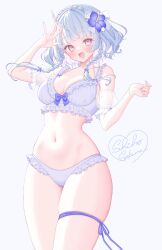 Rule 34 | 1girl, :d, absurdres, arm up, artist name, bare shoulders, blue background, blue flower, bow, bow bra, bra, braid, breasts, busou kanojo, cleavage, collarbone, commentary request, crown braid, detached sleeves, flower, frilled bra, frilled panties, frills, grey bra, grey hair, grey panties, hair bow, hair flower, hair ornament, highres, horns, long hair, looking at viewer, medium breasts, navel, nenemaru (busou kanojo), official art, open mouth, panties, puffy short sleeves, puffy sleeves, red eyes, sakura shiho, see-through clothes, see-through sleeves, short sleeves, signature, simple background, single horn, skindentation, smile, solo, twin braids, underwear, virtual youtuber, white flower