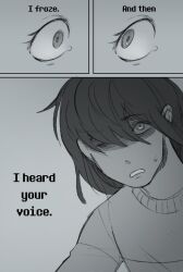 1alchemistart 1girl 1other androgynous deltarune eyelashes frown greyscale highres kris_(deltarune) monochrome noelle_holiday other_focus tareme weird_route_(deltarune)