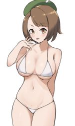 Rule 34 | 1girl, absurdres, alternate breast size, bikini, blush, bob cut, breasts, brown eyes, brown hair, commentary request, gloria (pokemon), green hat, hand up, hat, highres, large breasts, navel, nintendo, pokemon, pokemon swsh, short hair, simple background, smile, solo, swimsuit, tam o&#039; shanter, tongue, tongue out, tsuneshima, white background, white bikini