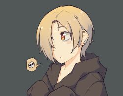 1girl bags_under_eyes black_hoodie blonde_hair blush commentary_request earclip earrings grey_background hair_between_eyes hair_over_one_eye highres hood hood_down hoodie idolmaster idolmaster_cinderella_girls jewelry kokuya_(kokuya28) long_bangs looking_afar open_mouth shirasaka_koume short_hair simple_background sleeves_past_fingers sleeves_past_wrists solo spoken_skull stud_earrings