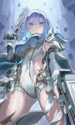 1girl aqua_hair armor black_sleeves blue_hair bodysuit breasts closed_mouth clothing_cutout covered_navel cowboy_shot detached_sleeves dreizehn_(shadowverse) dual_wielding fingerless_gloves from_below gloves gun highres hip_armor holding holding_gun holding_weapon korokoro_nekoz large_breasts looking_down medium_hair purple_eyes shadowverse shadowverse:_worlds_beyond shiny_skin shoulder_armor side_cutout solo standing thighs weapon white_bodysuit white_gloves