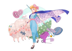 1girl absurdres blonde_hair blue_eyes bo_peep_(toy_story) full_body hair_bun highres holding kemushi_sama puffy_short_sleeves puffy_sleeves ribbon sheep shirt short_hair short_sleeves simple_background smile standing toy_story toy_story_4 upper_body