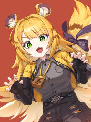 1girl absurdres animal_ear_fluff animal_ears black_gloves brown_shirt claw_pose collared_shirt cow ekal_001 elbow_gloves fingerless_gloves gloves green_eyes highres jacket ju_fufu open_clothes open_jacket orange_fur orange_hair red_background shirt striped_fur tail tail_ornament tiger_ears tiger_girl tiger_stripes tiger_tail yellow_jacket zenless_zone_zero