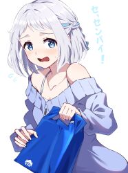 Rule 34 | 1girl, bag, bare shoulders, blue eyes, collarbone, commentary request, dress, fingernails, flying sweatdrops, gakuen idolmaster, grey hair, highres, holding, holding bag, hyoe (hachiechi), idolmaster, katsuragi lilja, off-shoulder dress, off shoulder, open mouth, shopping bag, sidelocks, simple background, solo, sweatdrop, translation request, upper body, white background