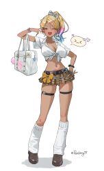 Rule 34 | 1girl, ;d, absurdres, bag, blonde hair, blue hair, blush, bow, bracelet, breasts, brown shoes, brown skirt, cleavage, commentary, crop top, cropped shirt, dark-skinned female, dark skin, fang, front-tie top, full body, gradient hair, gyaru, hair bow, hair ornament, hairclip, highres, jewelry, kneehighs, large breasts, looking at viewer, medium hair, midriff, miniskirt, multicolored hair, navel, one eye closed, open mouth, original, pink hair, plaid clothes, plaid skirt, pleated skirt, polka dot, polka dot bow, ponytail, renberry77, school bag, shirt, shoes, short sleeves, simple background, skin fang, skindentation, skirt, smile, socks, standing, thigh strap, twitter username, white background, white bow, white shirt, white socks, yellow bow, yellow eyes