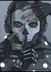 Rule 34 | 1boy, absurdres, arm up, balaclava, black gloves, black shirt, bulletproof vest, call of duty, call of duty: modern warfare 2, collared shirt, commentary, english commentary, fingerless gloves, ghost (modern warfare 2), gloves, grey background, grey eyes, hand on another&#039;s face, headphones, headset, highres, index finger raised, letterboxed, looking at viewer, male focus, out of frame, shirt, simple background, solo focus, spiritusnocte, twitter username, upper body