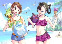 2girls asymmetrical_bangs ball beach beachball bikini bikini_over_clothes black_bikini black_hair black_nails blue_eyes breasts brown_eyes brown_hair creatures_(company) drink drinking_straw earrings folded_braid food frilled_bikini frills galarian_form galarian_slowpoke game_freak gen_3_pokemon gen_7_pokemon gen_8_pokemon gloria_(pokemon) grookey holding holding_ball holding_beachball holding_drink holding_food holding_ice_cream holding_pokemon ice_cream jewelry juunanzai marnie_(pokemon) midriff morpeko morpeko_(hangry) multiple_girls nail_polish navel nintendo ocean on_shoulder open_mouth palm_tree pokemon pokemon_(creature) pokemon_on_shoulder pokemon_swsh purple_bikini sandygast sharpedo short_hair short_shorts shorts side-tie_bikini_bottom small_breasts smile swimsuit tank_top tree twitter_username wingull