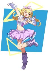 1girl ;d arm_warmers blonde_hair blue_background commentary_request deatheach fingerless_gloves fujita_kotone full_body gakuen_idolmaster gloves hairband highres idolmaster midriff navel one_eye_closed open_mouth pink_hairband pink_shoes pink_skirt shoes skirt smile solo standing standing_on_one_leg two-tone_background white_background white_gloves