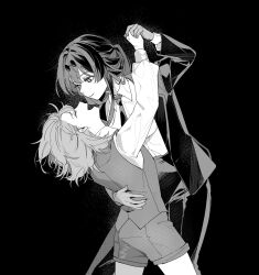 2girls closed_eyes closed_mouth collared_shirt commentary cowboy_shot d0600059994959 dancing eyewear_on_head globe greyscale hand_on_another&#039;s_waist hashtag-only_commentary highres holding_hands honkai:_star_rail honkai_(series) jacket kafka_(honkai:_star_rail) long_hair long_sleeves looking_at_another monochrome multiple_girls necktie open_clothes open_mouth open_shirt pants ponytail shirt shorts smile stelle_(honkai:_star_rail) sunglasses trailblazer_(honkai:_star_rail) vest yuri
