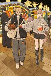 5boys 5girls bag black_footwear black_hair black_vest blonde_hair blunt_bangs breath chainsaw_man coat commentary cropped_jacket cup denji_(chainsaw_man) falling_devil_(chainsaw_man) falling_petals full_body gloves hat hayakawa_aki higashiyama_kobeni highres himeno_(chainsaw_man) holding holding_cup holding_plate horns japanese_clothes kishibe_(chainsaw_man) long_hair makima_(chainsaw_man) mask multiple_boys multiple_girls night on_shoulder petals plate pochita_(chainsaw_man) power_(chainsaw_man) red_horns santa_hat short_hair shorts shoulder_bag sidelocks takeuchi_ryousuke undercut vest violence_fiend_(chainsaw_man) yoshida_hirofumi
