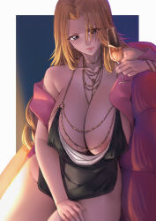 1girl alternate_eye_color bare_shoulders black_dress bleach breasts chain chain_necklace collarbone dress female_focus grey_eyes hand_on_own_thigh hanging_breasts highres holding_wine_glass jewelry large_breasts long_hair looking_at_viewer matsumoto_rangiku mole mole_under_mouth necklace off_shoulder orange_hair pink_shawl qingmingtongzi shawl thick_thighs thighs