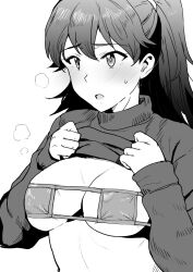Rule 34 | 1girl, blush, breasts, clothes lift, ganaha hibiki, greyscale, highres, idolmaster, idolmaster (classic), lifting own clothes, long hair, long sleeves, monochrome, open mouth, ponytail, shirt lift, simple background, solo, sweatdrop, sweater, tsurui, upper body, white background
