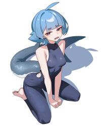 Rule 34 | 1girl, ahoge, behalter, blue bodysuit, blue eyes, blue hair, bodysuit, breasts, character request, commentary, commentary request, djmax, djmax respect, drooling, highres, looking at viewer, medium breasts, saliva, shadow, sharp teeth, simple background, sitting, solo, teeth, upper teeth only, wariza, white background