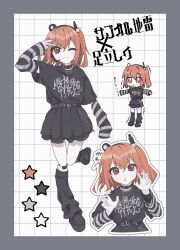 1girl a.i._voice absurdres adachi_rei alternate_costume android belt black_belt black_leg_warmers black_shirt black_shoes black_skirt border grey_border grid_background hamano_yui hand_up highres joints leg_warmers looking_at_viewer medium_hair metal_band_text miniskirt multiple_views one_eye_closed orange_eyes orange_hair robot_joints shirt shoes short_sleeves skirt star_(symbol) striped_arm_warmers utau v white_background