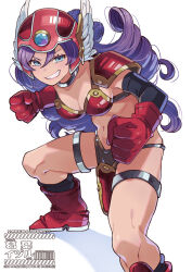 Rule 34 | 1girl, abs, armor, bikini armor, black sleeves, black socks, blue eyes, breasts, cleavage, clenched hand, collar, commentary request, curly hair, detached sleeves, dragon quest, dragon quest iii, fighting stance, foot out of frame, gloves, grin, hair between eyes, helmet, highres, kuzuno ha, legs apart, long hair, medium breasts, metal collar, navel, outstretched arms, pelvic curtain, purple hair, red armor, red gloves, red helmet, silver thighlet, simple background, smile, socks, solo, stomach, toned, toned female, warrior (dq3), watermark, white background, winged helmet