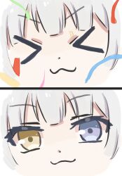 &gt;_&lt; 1girl :3 bang_dream! bang_dream!_it&#039;s_mygo!!!!! blue_eyes close-up closed_eyes commentary confetti heterochromia highres kaname_raana looking_at_viewer lyy white_hair yellow_eyes