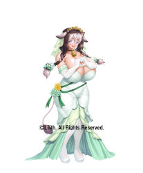 1girl alternate_costume animal_ears asahi black_hair box braid breasts bride brown_hair copyright_name cow_ears cow_girl cow_horns cow_tail cowbell curvy dress embarrassed eyelashes female_focus full_body hat heart heart_hands highres horns huge_breasts multicolored_hair official_alternate_costume official_art open_mouth plump purple_eyes risha_(taimanin) solo standing tail taimanin_(series) taimanin_rpgx thick_thighs thighs twin_braids two-tone_hair wedding_dress white_background white_hair wide_hips
