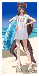 1girl alternate_costume animal_ear_piercing animal_ears beach blue_bow border bow brown_hair carrying carrying_under_arm day dog_ears dog_girl dog_tail fangs flip-flops full_body hair_bow hands_on_own_hips heterochromia highres holding holding_swim_ring horizon innertube inui_toko isshiki_(ffmania7) long_hair looking_at_viewer nijisanji no_socks ocean open_mouth outdoors red_eyes round_eyewear sandals shirt short_sleeves signature smile solo sunglasses swim_ring swimsuit swimsuit_under_clothes tail virtual_youtuber white_border white_shirt yellow_eyes