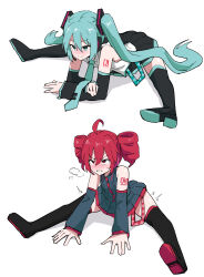 2girls absurdres ahoge arm_tattoo black_boots black_sleeves blue_eyes blue_hair boots clenched_teeth closed_mouth detached_sleeves drill_hair grey_shirt grey_skirt hair_between_eyes hatsune_miku highres kasane_teto long_hair multiple_girls number_tattoo red_eyes red_hair shirt sidelocks sitting_split skirt smile split sweatdrop tattoo teeth tenten_(chan4545) thigh_boots twin_drills twintails utau vocaloid white_shirt